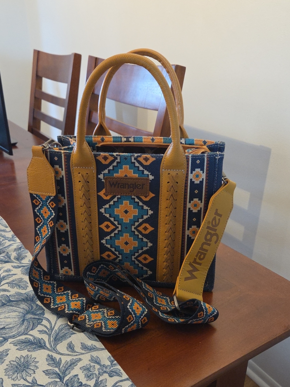 Wrangler Navy and Mustard Yellow Southwestern Satchel with Removable Strap